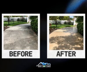 Before and after concrete driveway pressure washing by Dirt Doctors — HOA community entrance cleaning in Florida