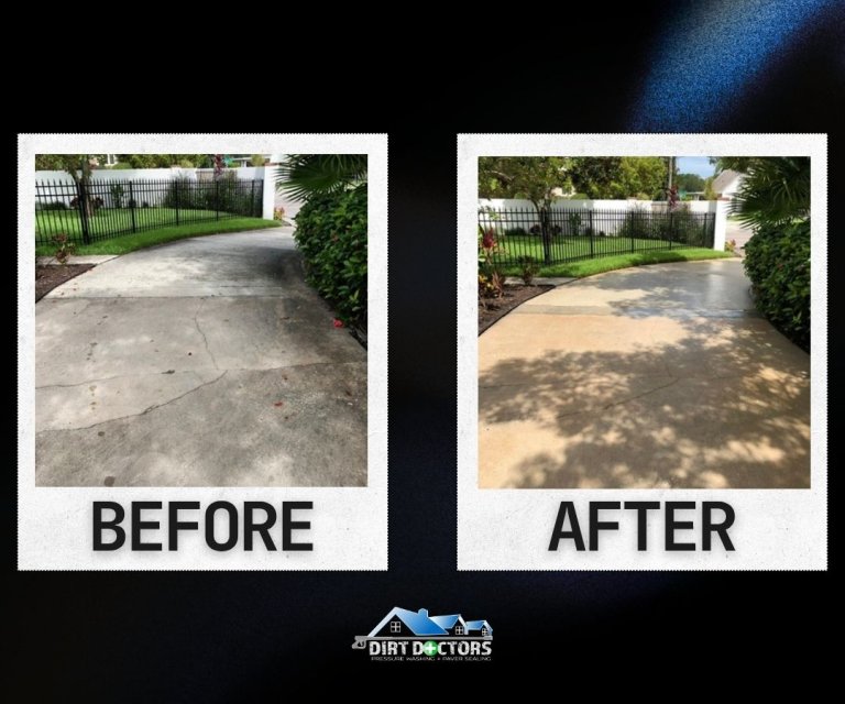 Before and after concrete driveway pressure washing by Dirt Doctors — HOA community entrance cleaning in Florida